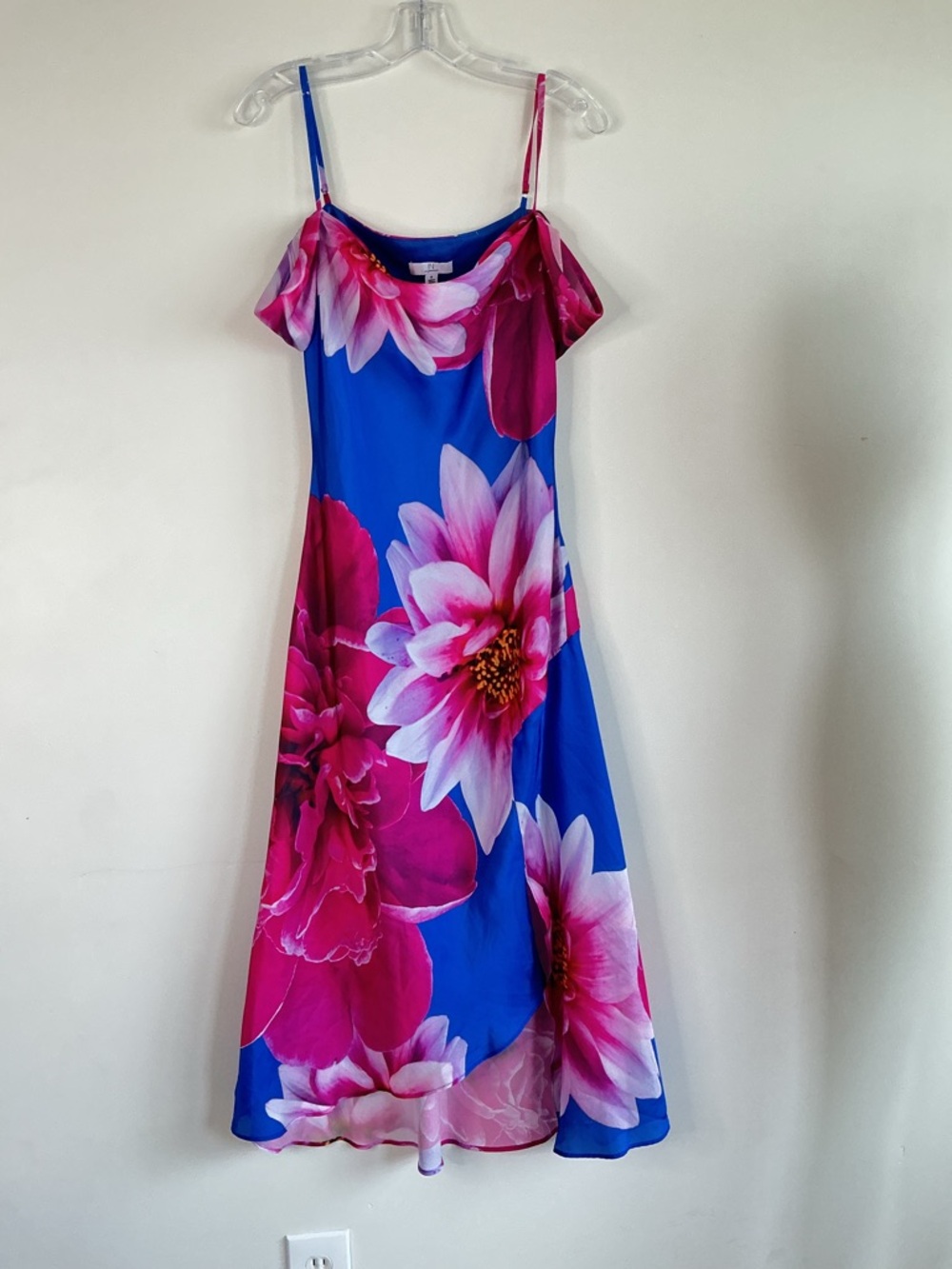 Blue Pink Floral Midi Dress Off Shoulder Satin Slip IN San Francisco M - Picture 3 of 6